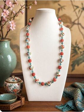 ARTISAN Vintage Carved Angelskin Coral and Chinese Export Bead Necklace